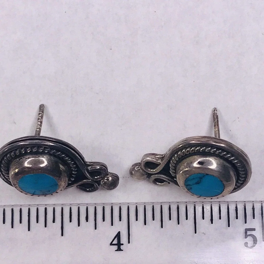 Sterling Silver Earrings Turquoise Blue Post Stud Twisted Rope Mexico 925